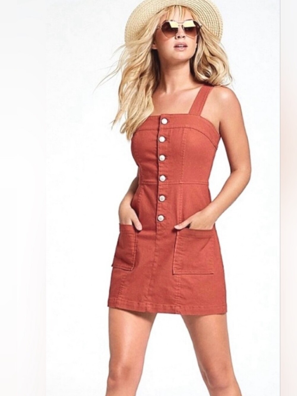 Copper Key Rust Button-front Denim Pinafore Mini Sundress W Patchfront Pockets.